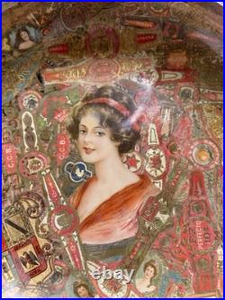 Antique Cigar Band Decoupage Bowl Edwardian Lady Portrait Tobacciana c. 1900