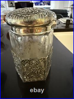 Antique Cigar Humidor ART NOUVEAU GERMAN 800 SILVER FRAMED Eched Glass Crystal