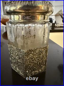 Antique Cigar Humidor ART NOUVEAU GERMAN 800 SILVER FRAMED Eched Glass Crystal