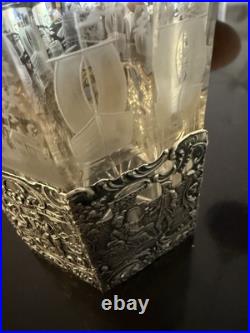 Antique Cigar Humidor ART NOUVEAU GERMAN 800 SILVER FRAMED Eched Glass Crystal