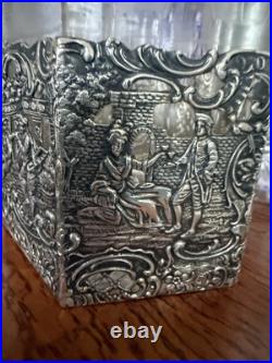 Antique Cigar Humidor ART NOUVEAU GERMAN 800 SILVER FRAMED Eched Glass Crystal