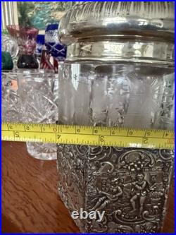 Antique Cigar Humidor ART NOUVEAU GERMAN 800 SILVER FRAMED Eched Glass Crystal