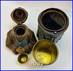 Antique Cold Painted Monk Match Holder & Cigar Humidor Painted Spelter