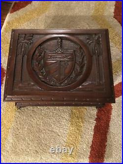 Antique Cuban Hand-Carved Mahogany Humidor Lock Works Inlaid Name Plate C 1910