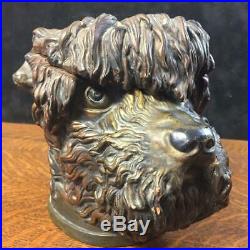 Antique Curly Hair Dog Head Bronze Colored Red Earthenware Humidor Tobacco Jar