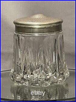 Antique Cut Glass Tobacco Jar with Silver Plate Lid, Chased Scrollwork Design