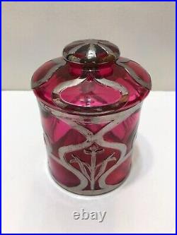 Antique Dugan Glass Humidor Cranberry Silver Overlay Cornflower 6 1/4 Tall