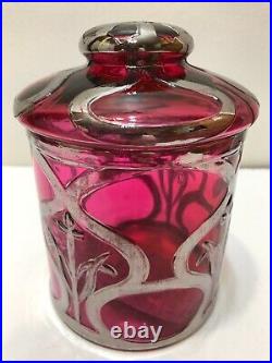 Antique Dugan Glass Humidor Cranberry Silver Overlay Cornflower 6 1/4 Tall