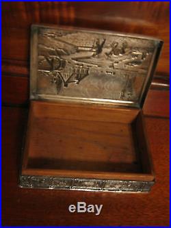 Antique Early 20th Century Silver Alloy Humidor Box with Various Scenes