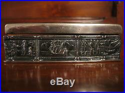 Antique Early 20th Century Silver Alloy Humidor Box with Various Scenes