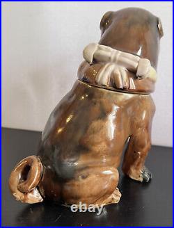 Antique English Majolica Pug Bulldog Dog Humidor Figural Tobacco Jar 1800's ASIS