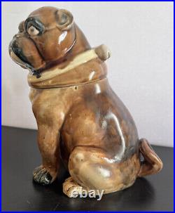 Antique English Majolica Pug Bulldog Dog Humidor Figural Tobacco Jar 1800s AS IS