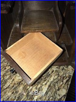 Antique English Oak Locking Pipe Cigar Stand Cabinet Box With Key