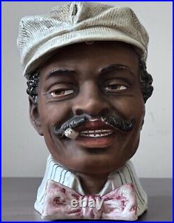 Antique Figural Smoking Conductor Majolica Humidor Tobacco Jar Black Americana