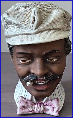 Antique Figural Smoking Conductor Majolica Humidor Tobacco Jar Black Americana