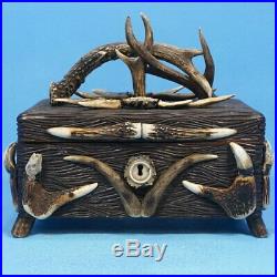 Antique German Black Forest Carved ANTLER HUMIDOR BOX Stag Rosette Hunt Dog Key