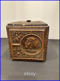 Antique German Black Forest Carved Wood Tobacco Humidor Renaissance Portraits Antique German Black Forest Carved Wood Tobacco Humidor Renaissance Portraits