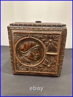 Antique German Black Forest Carved Wood Tobacco Humidor Renaissance Portraits Antique German Black Forest Carved Wood Tobacco Humidor Renaissance Portraits