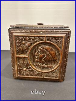 Antique German Black Forest Carved Wood Tobacco Humidor Renaissance Portraits Antique German Black Forest Carved Wood Tobacco Humidor Renaissance Portraits