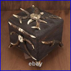 Antique German Black Forest Hunt Real Antler Oak Wood Carving Cigar Humidor Box