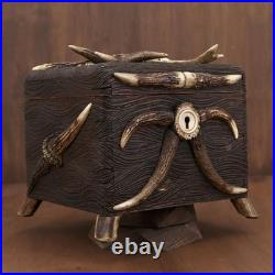 Antique German Black Forest Hunt Real Antler Oak Wood Carving Cigar Humidor Box