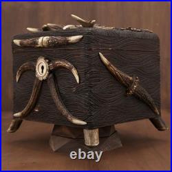 Antique German Black Forest Hunt Real Antler Oak Wood Carving Cigar Humidor Box