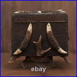 Antique German Black Forest Hunt Real Antler Oak Wood Carving Cigar Humidor Box