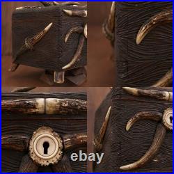 Antique German Black Forest Hunt Real Antler Oak Wood Carving Cigar Humidor Box