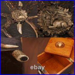 Antique German Black Forest Hunt Real Antler Oak Wood Carving Cigar Humidor Box Antique German Black Forest Hunt Real Antler Oak Wood Carving Cigar Humidor Box
