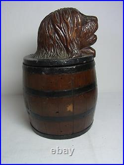 Antique German Carved Wood Humidor Tobacco Jar Dog Head #BE