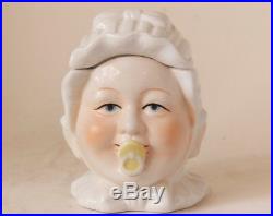 Antique German Figural Porcelain Tobacco Humidor Jar Baby withPacifier c. 1900s