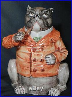 Antique German French majolica Figural Humidor FAT DOG Anthropomorphic Pug Bull