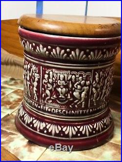 Antique German Majolica Humidor Tobacco Jar Wood & Iron Top Stamped Germany
