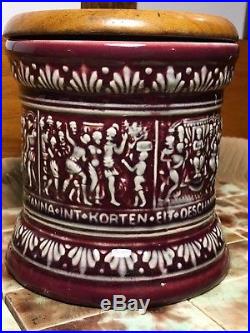 Antique German Majolica Humidor Tobacco Jar Wood & Iron Top Stamped Germany