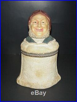 Antique German Pottery Tobacco Humidor Jar Old Man in Burlap 1890's
