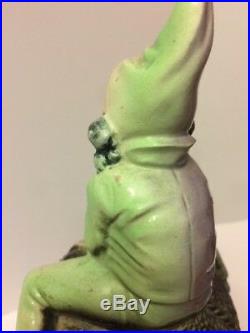 Antique Germany Majolica Gnome Elf Sitting Atop Figural Tobacco Jar Pot Humidor