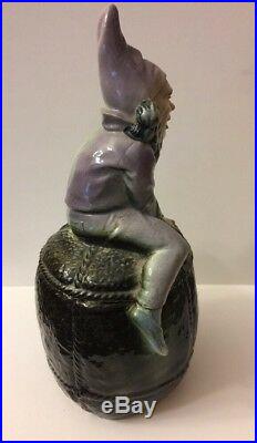 Antique Germany Majolica Gnome Elf Sitting Atop Figural Tobacco Jar Pot Humidor