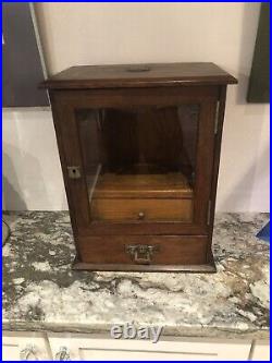 Antique Glass & Oak Wood Pipe Rack Display Smoke Cabinet Humidor Tobacco Drawer