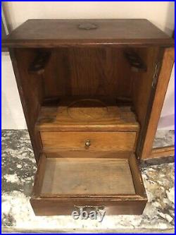 Antique Glass & Oak Wood Pipe Rack Display Smoke Cabinet Humidor Tobacco Drawer