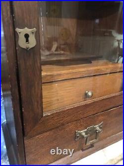 Antique Glass & Oak Wood Pipe Rack Display Smoke Cabinet Humidor Tobacco Drawer