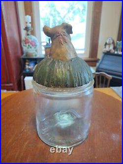 Antique Glass Tobacco Humidor With Johann Maresch Pottery Terra Cotta Pig Lid