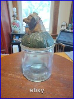 Antique Glass Tobacco Humidor With Johann Maresch Pottery Terra Cotta Pig Lid