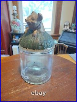 Antique Glass Tobacco Humidor With Johann Maresch Pottery Terra Cotta Pig Lid