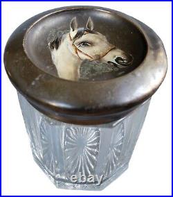 Antique Glass Tobacco Jar Humidor Hand Painted Horse Metal Lid Equestrian VTG