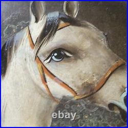 Antique Glass Tobacco Jar Humidor Hand Painted Horse Metal Lid Equestrian VTG