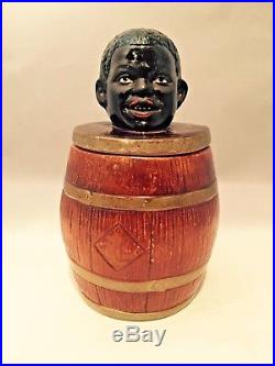 Antique Glazed Coarse Terra-cotta Tobacco Jar Of Boys Head On Large Barrel