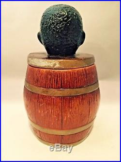Antique Glazed Coarse Terra-cotta Tobacco Jar Of Boys Head On Large Barrel