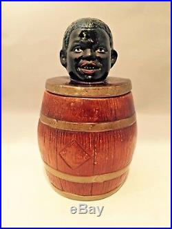 Antique Glazed Terra-cotta Tobacco Jar Of Boys Head On Large Barrel