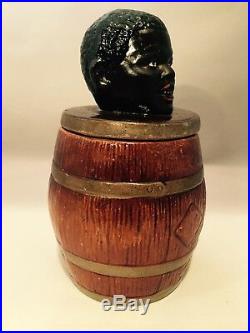 Antique Glazed Terra-cotta Tobacco Jar Of Boys Head On Large Barrel
