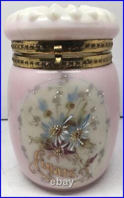 Antique HAND PAINTED WAVE CREST MILK GLASS HINGED TOBACCO CIGAR JAR HUMIDOR 6